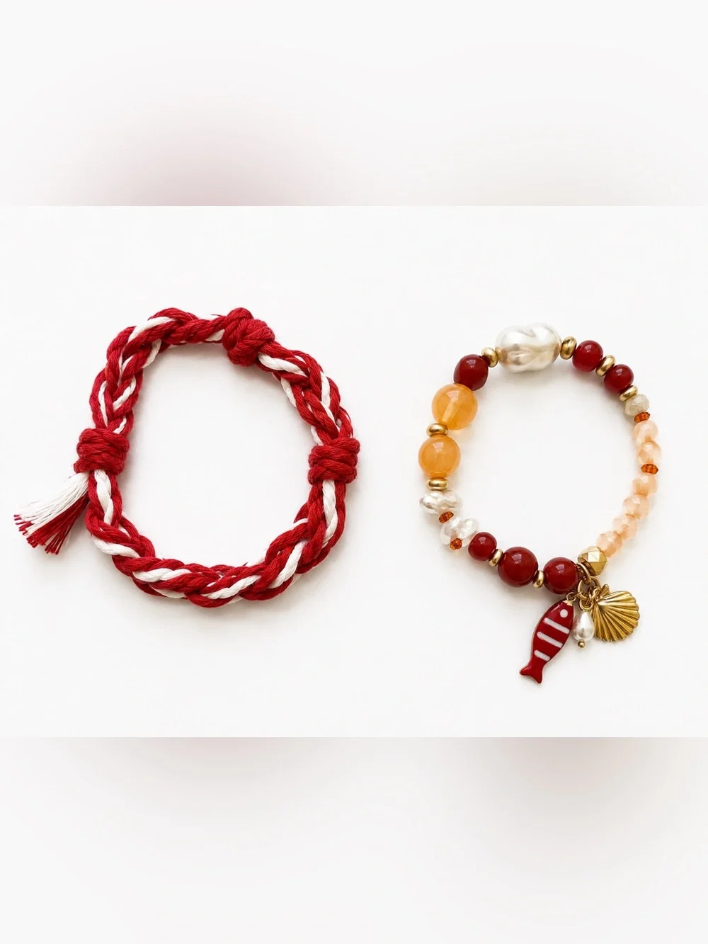 Nautical Red Beaded Charm & Braided Bracelet Set – New